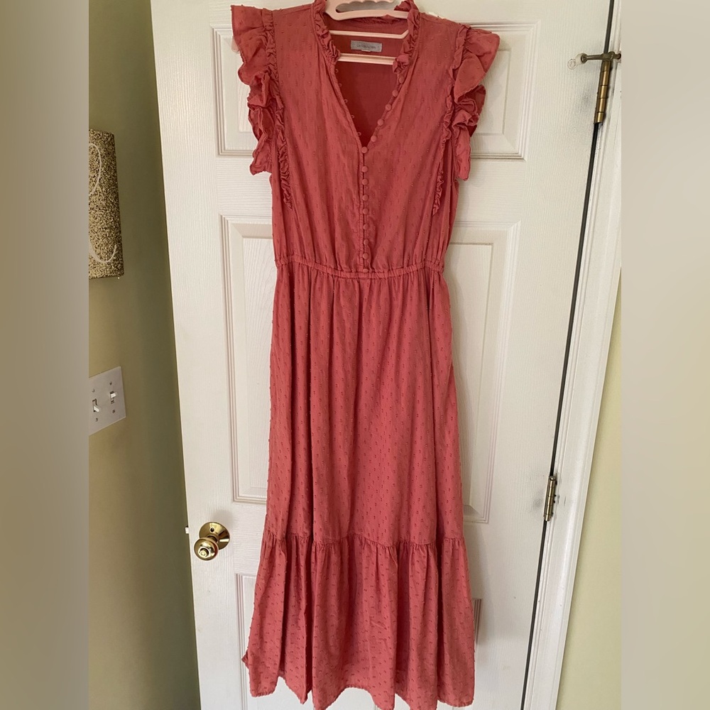 Outerknown Dusty Rose Maxi Dress with Ruffle Sleeves 100% organic cotton